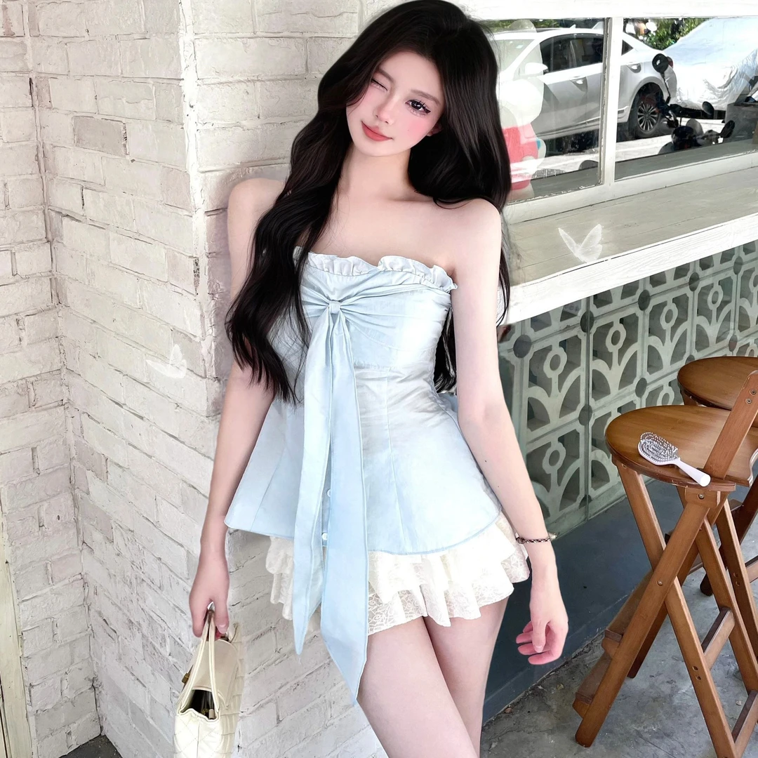 纯欲性感设计感木耳边系带抹胸背心女装夏季小众减龄收腰显瘦上衣