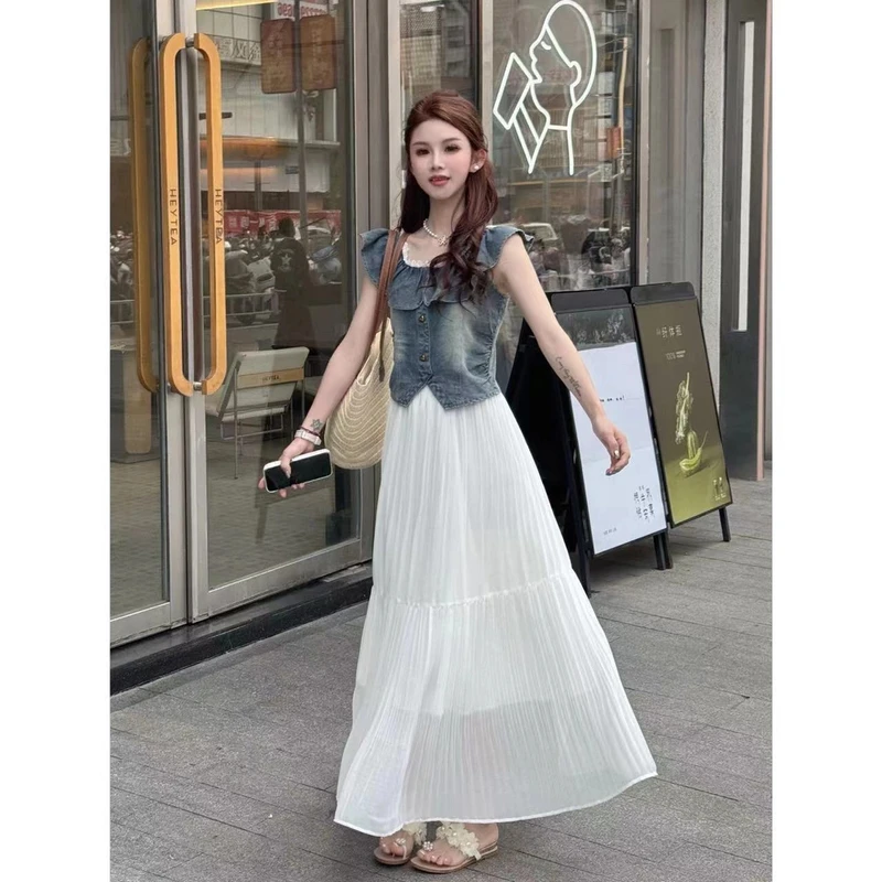 2025夏季时尚一整套显瘦小飞袖牛仔T恤百搭温柔系半身裙子两件套