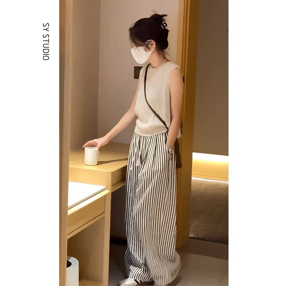 2025夏季新款套装无袖上衣女简约休闲显瘦阔腿条纹休闲裤两件套