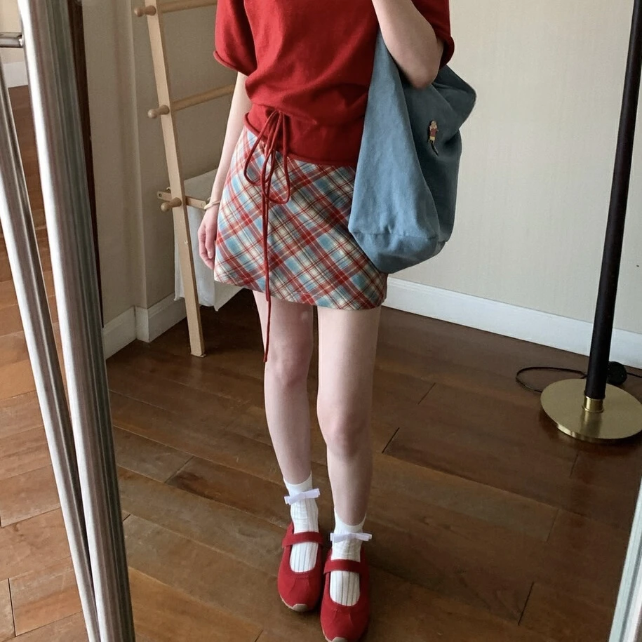 Cute Club 2025春夏新款甜美复古格纹半身裙宽松高腰显瘦百搭裙子