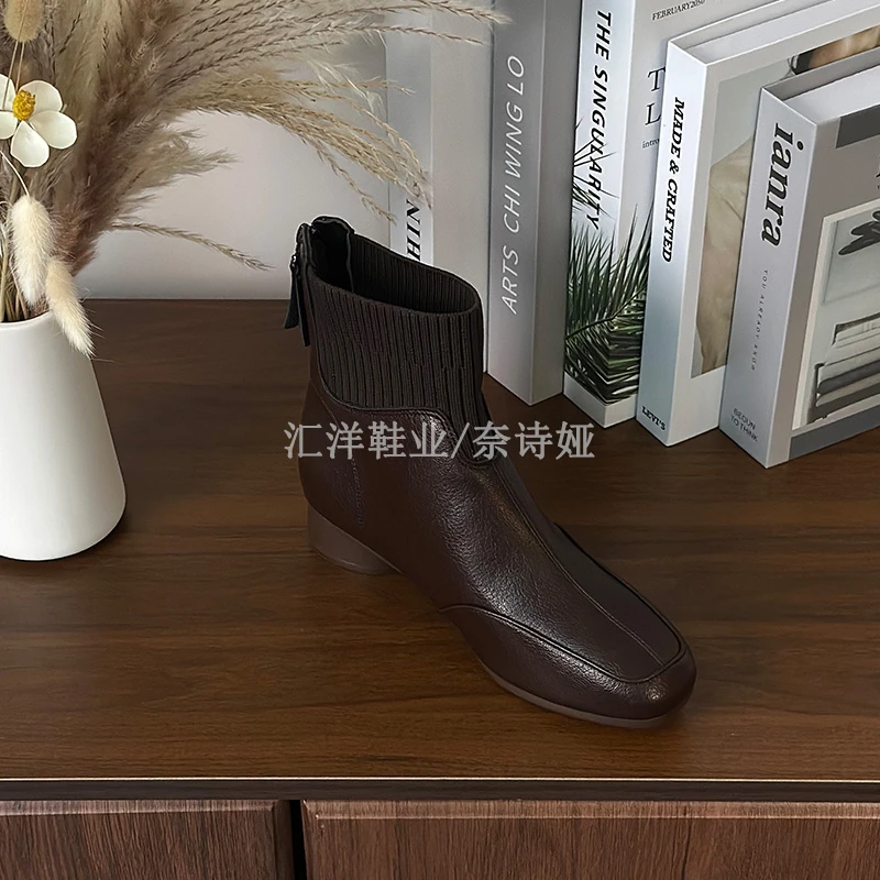 3cm/牛皮/法式短靴女新款秋冬时尚百搭方头针织弹力短靴女1027