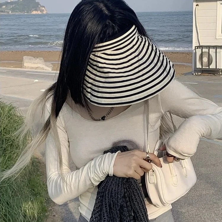 高品质-黑米条纹空顶帽女夏季大檐防晒帽透气遮阳户外便携太阳帽