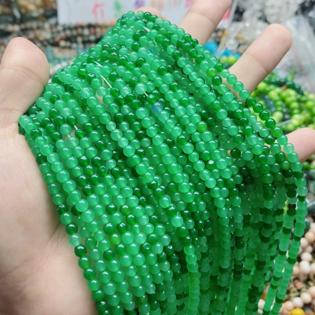 玛瑙/玉髓未镶嵌珠宝半成品一条天然4mm绿玉髓圆珠