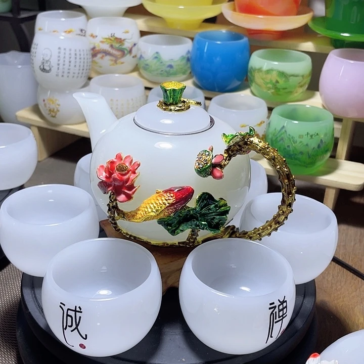 琉璃中式珐琅彩年年有余一壶六杯礼盒套装