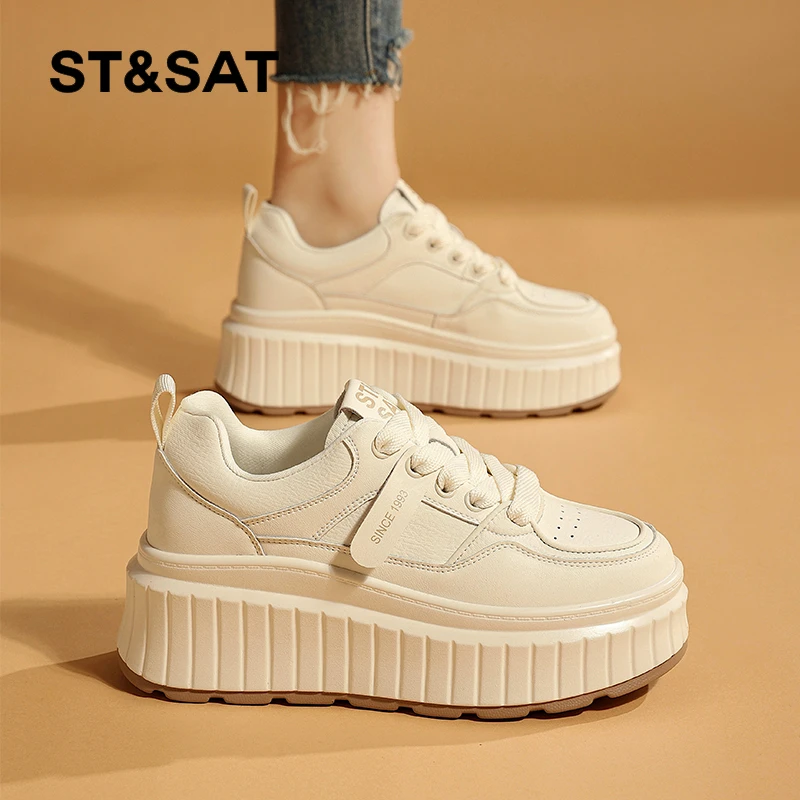 星期六时尚百搭运动板鞋女秋季新款真皮软底小白鞋厚底增高休闲鞋