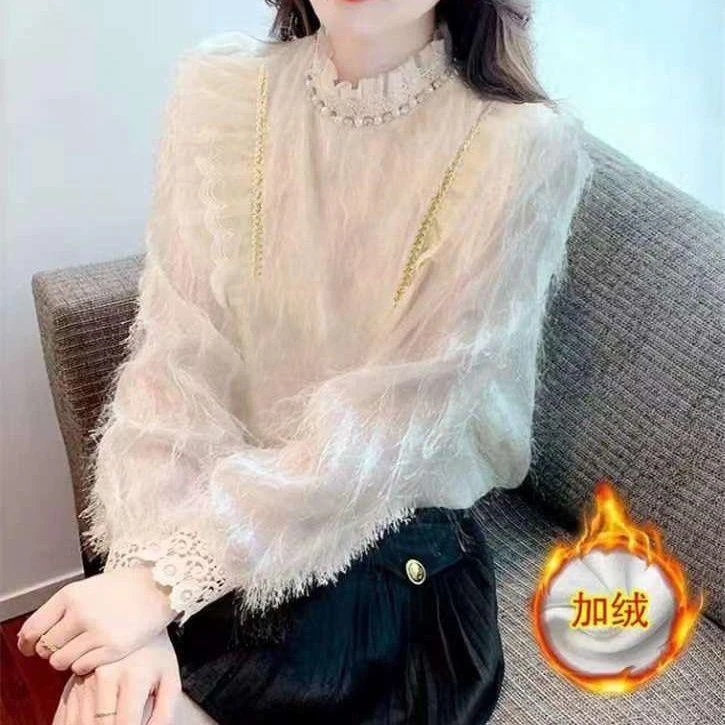 加绒加厚秋冬洋气时尚百搭网红上衣打底衫衬衫女立领短款宽松套头