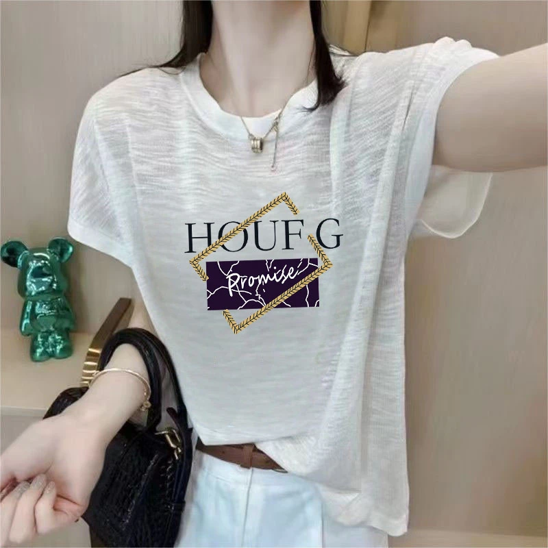 2025夏季时尚新款圆领雪花棉T恤女印花垂感短袖大码宽松薄款上衣