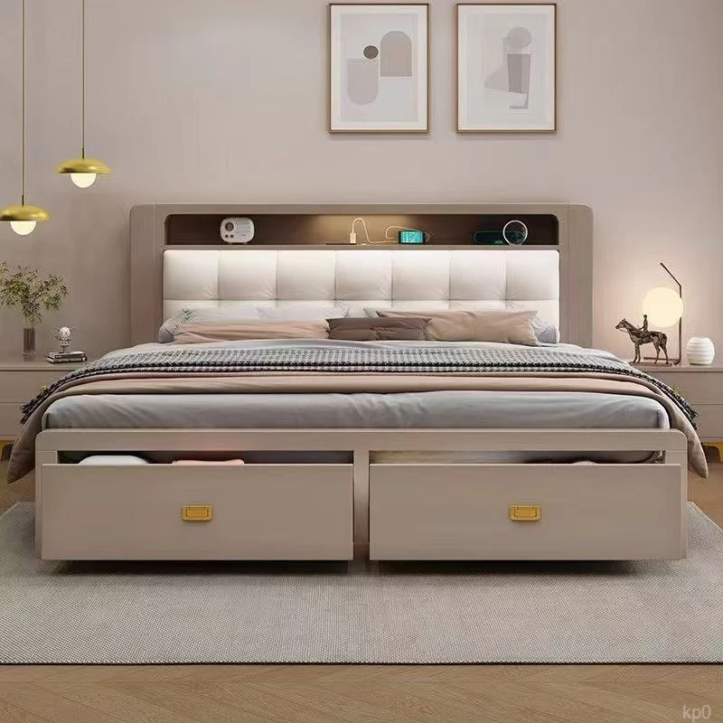 大床抽拉家具现代中式实木床床1.2米纯纯婚床简约原木双人床板式