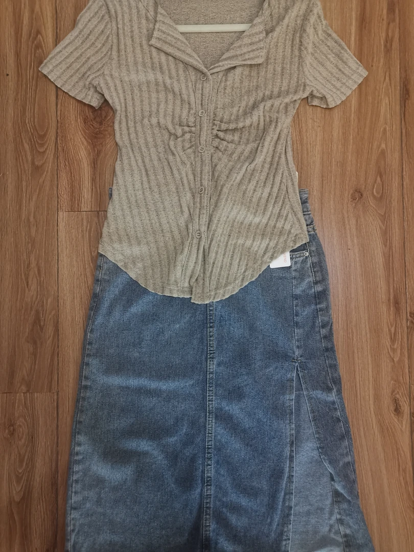 纯欲风翻领短袖针织上衣女夏+牛仔半身裙