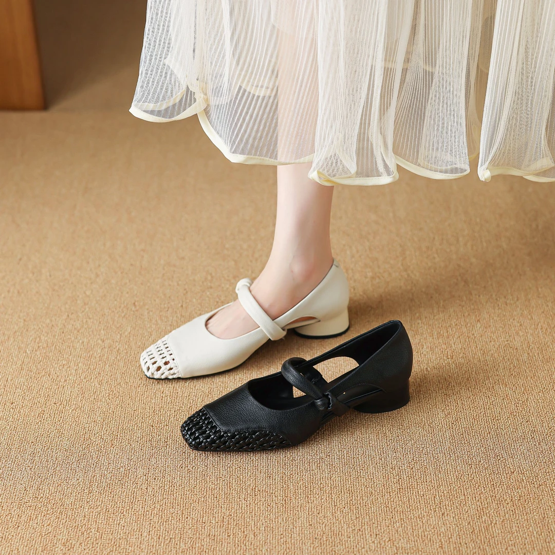 法式春夏季镂空凉单鞋女浅口粗跟低跟配裙子透气女鞋真皮玛丽珍鞋