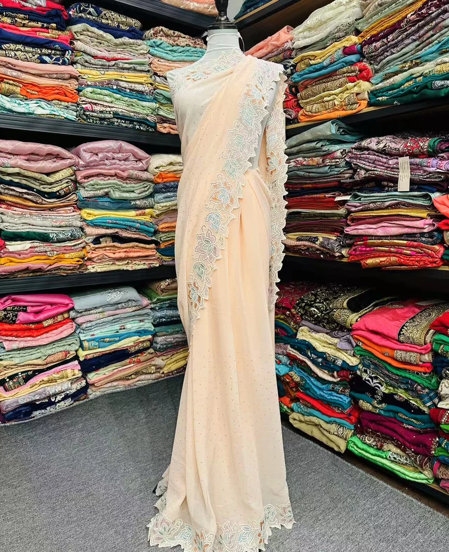 印度重工复古大纱丽，仙仙浅橘粉纯刺绣轻奢拍照神器长款蕾丝女款