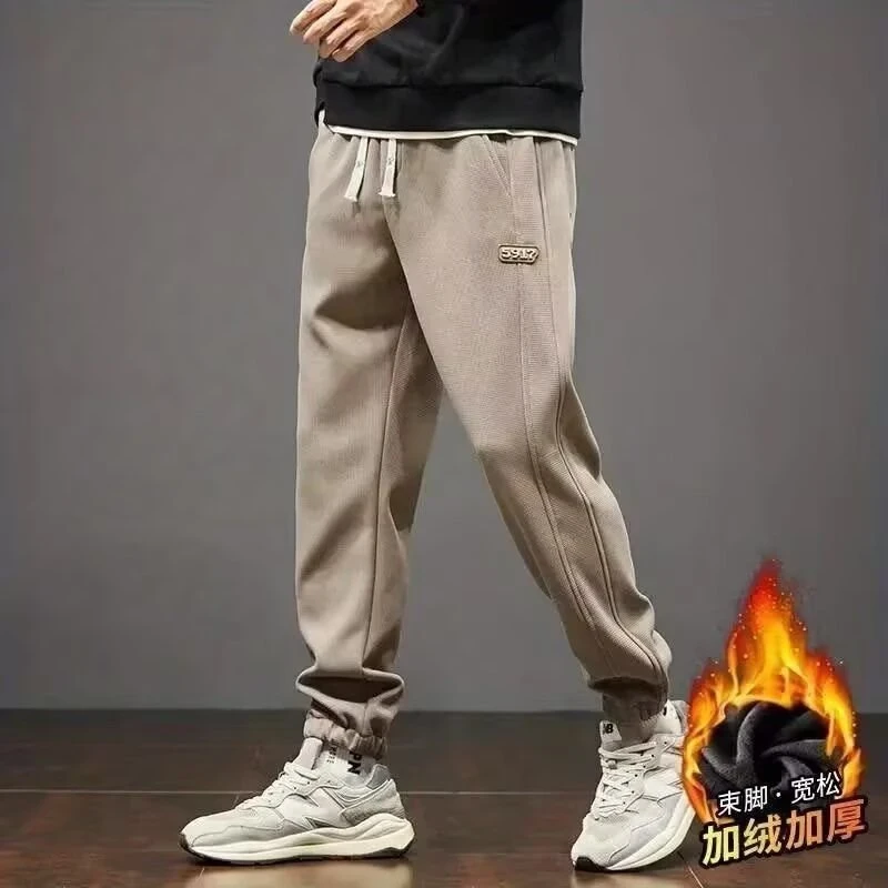 男士秋冬加绒加厚束脚宽松抽绳运动舒适九分休闲卫裤冬季裤子