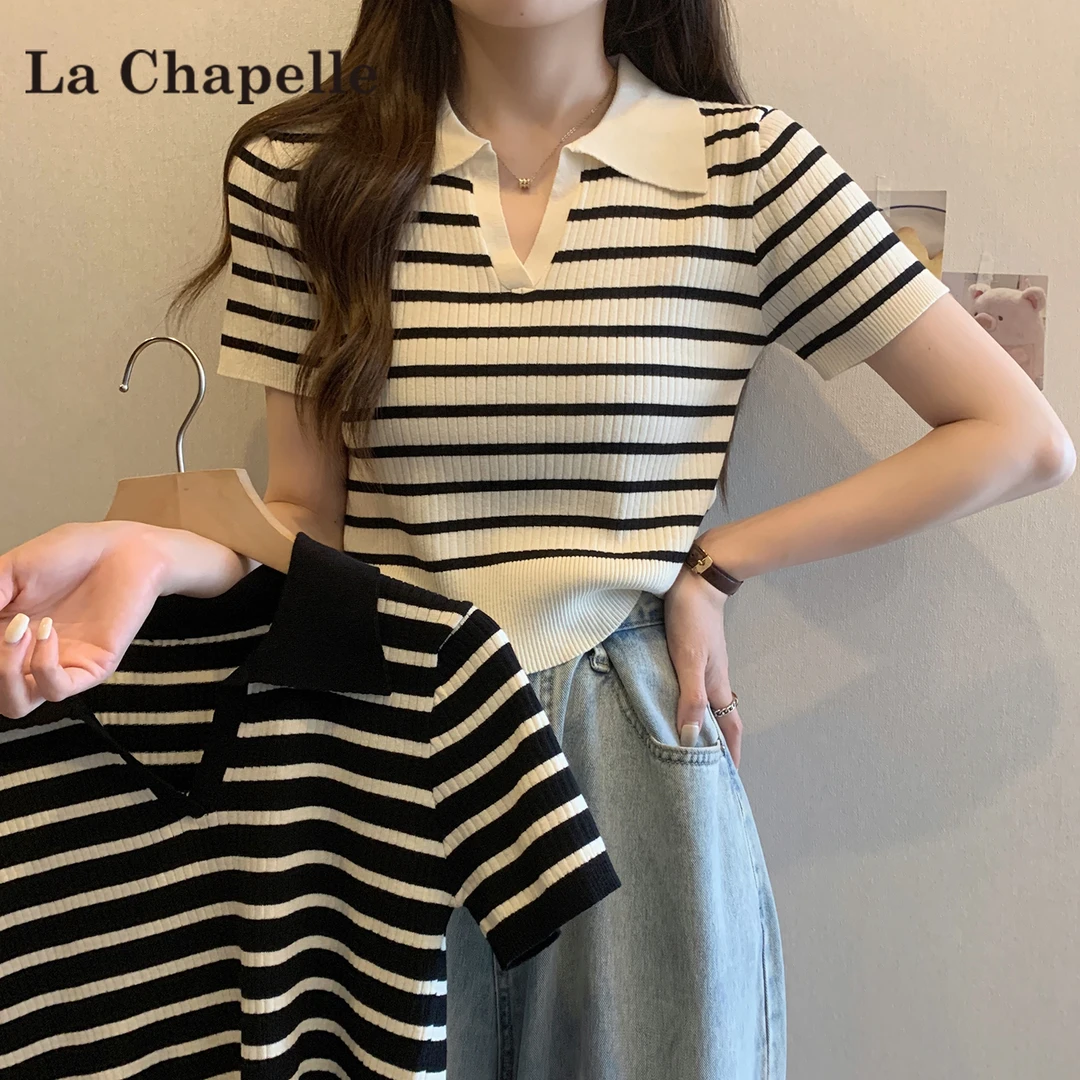 拉夏贝尔正肩polo领条纹针织T恤女2025新款胖MM女装禅意仙气飘飘