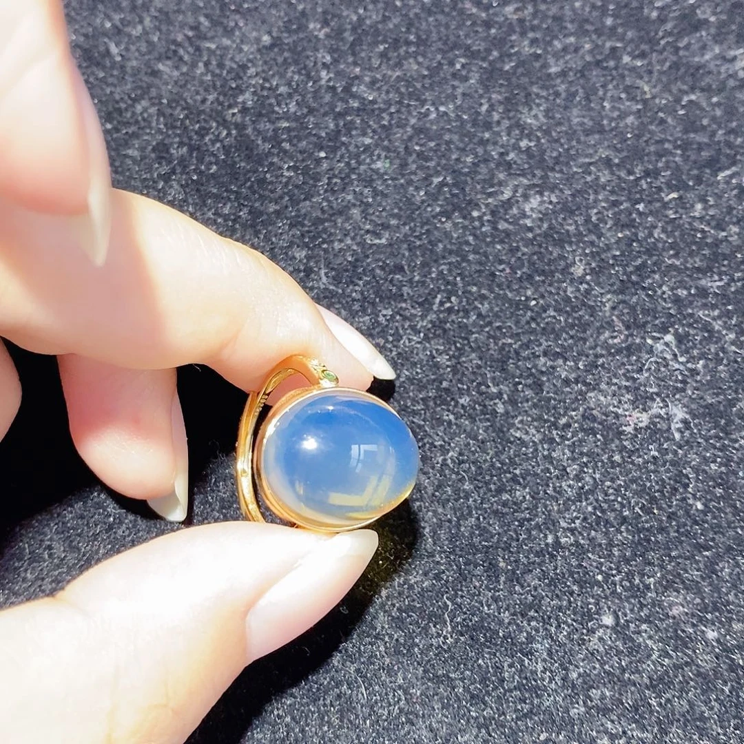 蓝珀银S925镶嵌珠宝奇石蛋面戒指