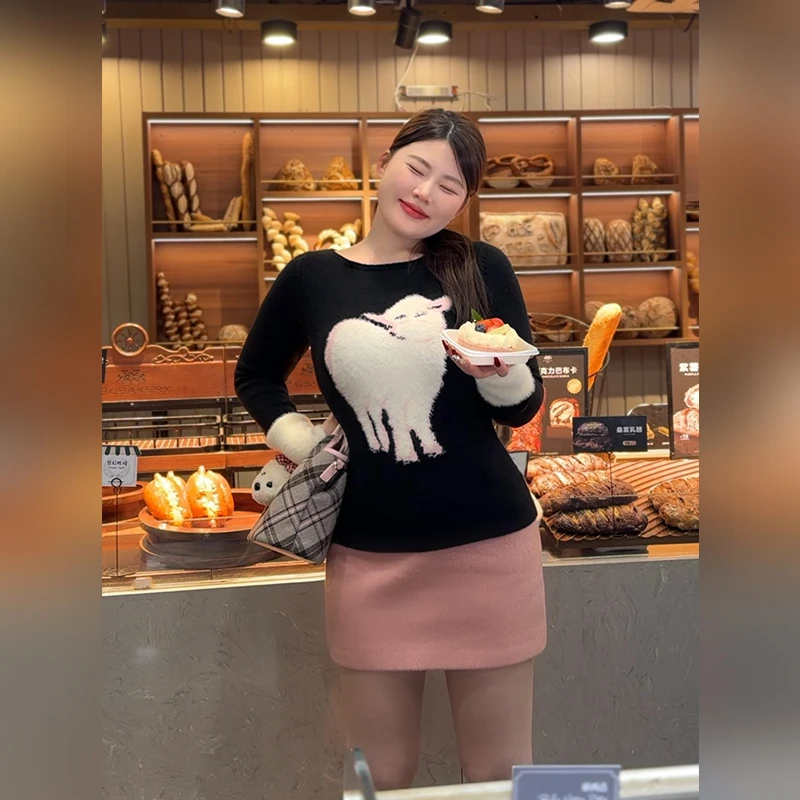 DMCC大蜜【羊咩芭比】可爱小羊黑色慵懒圆领毛衣+毛呢短裙两件套