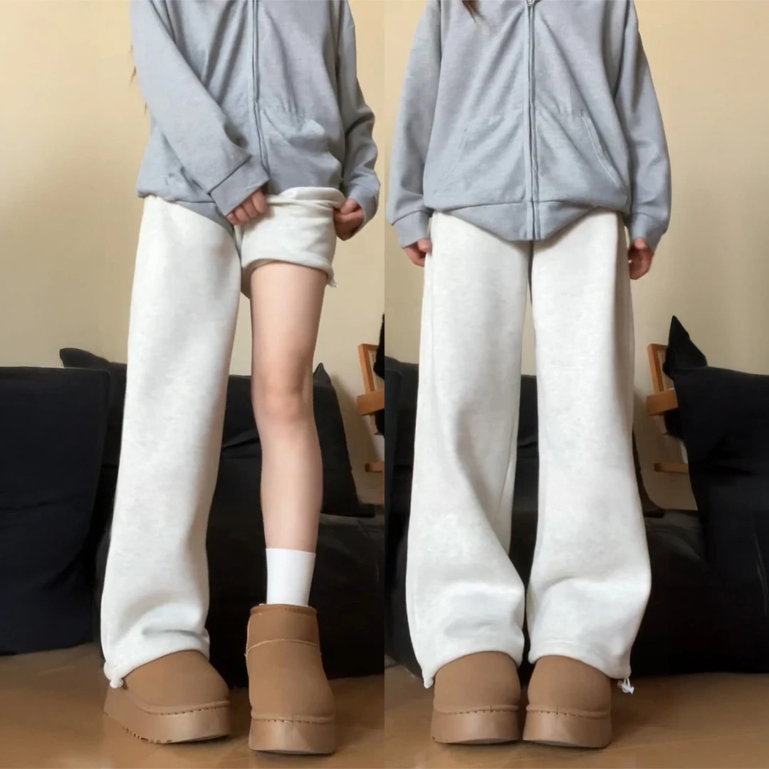 雪花灰美式抽绳休闲裤女秋冬加绒大码胖mm宽松显瘦阔腿束脚运动裤