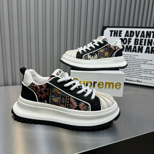 秋冬新款男士复古印花拼接时尚潮流百搭厚底增高运动休闲老爹鞋