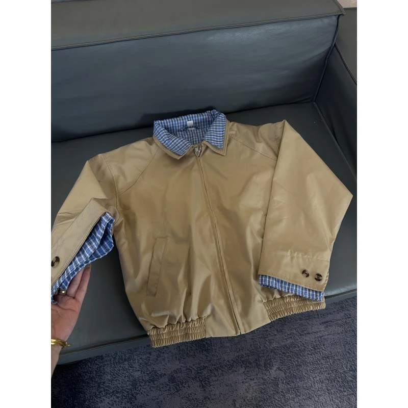 Z162 小清新翻领格子夹克拼接上衣学院风外套