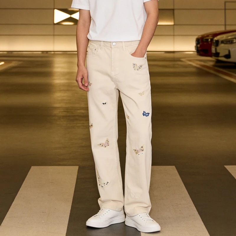 柏堡里美式潮牌新款时尚蝴蝶牛仔裤直筒宽松长裤复古高街长裤裤子