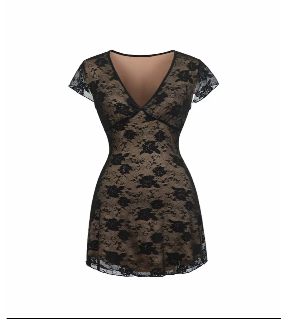 蕾丝双层不透A字短袖连衣裙