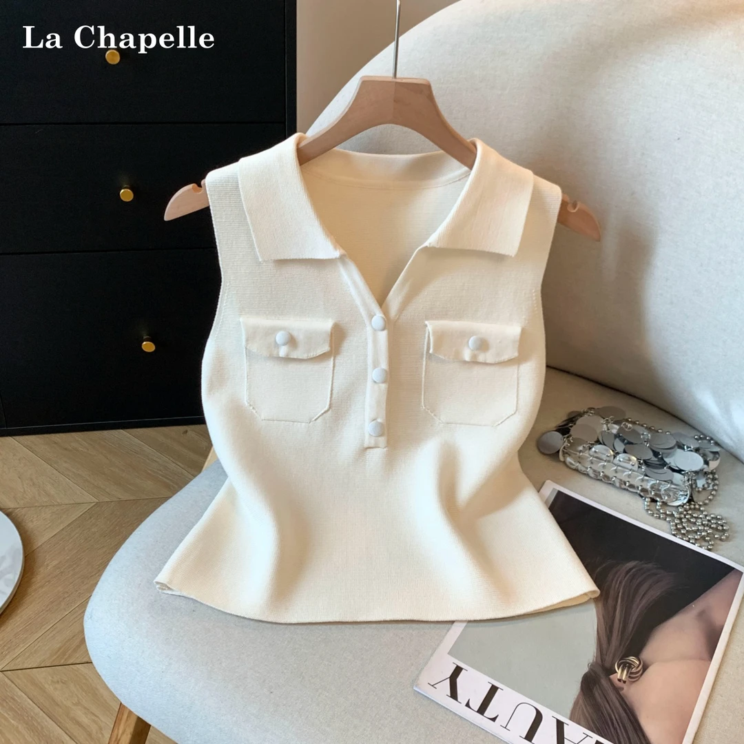 拉夏贝尔韩版简约翻领无袖针织衫女早秋季新款老钱风时尚百搭上衣