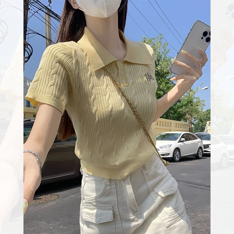 别致甜辣夏季法式小众时尚polo领针织小衫短袖t恤女短款显瘦上衣
