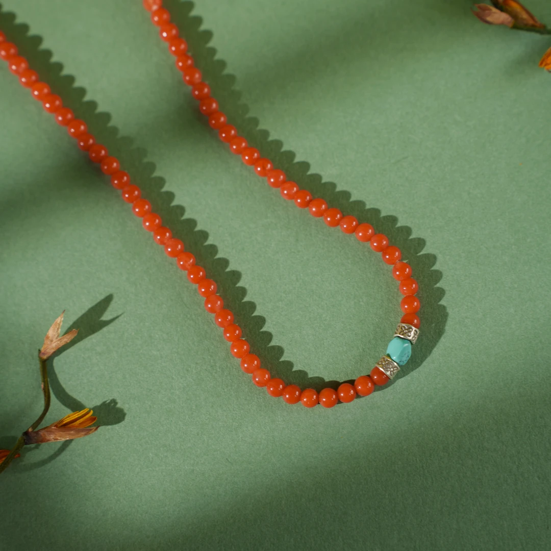 吊坠925银 【红蕊】幻渺原创设计 | 复古红色圆珠叠戴情侣手工项链