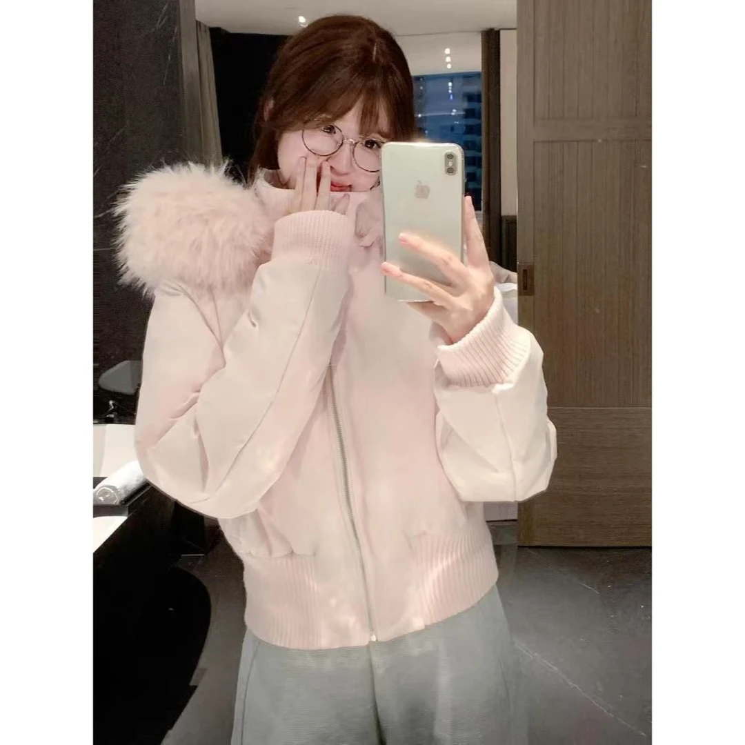 韩系Chic粉色设计感短款毛领外套女冬季新款百搭保暖休闲时尚棉服