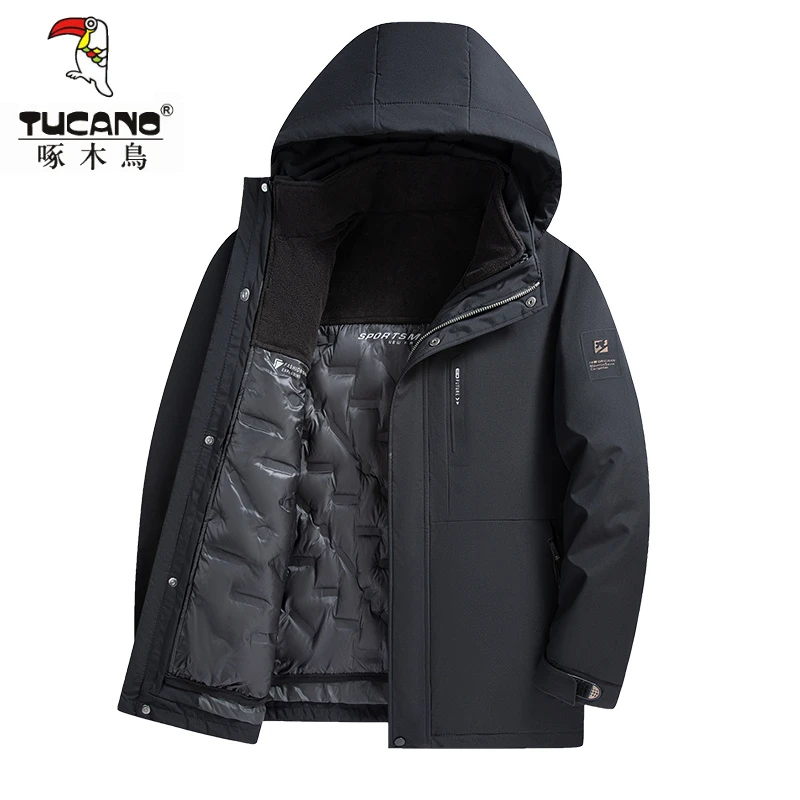 内胆可脱卸一衣三穿啄木鸟冬季男士中长款外套户外极寒冲锋羽绒服