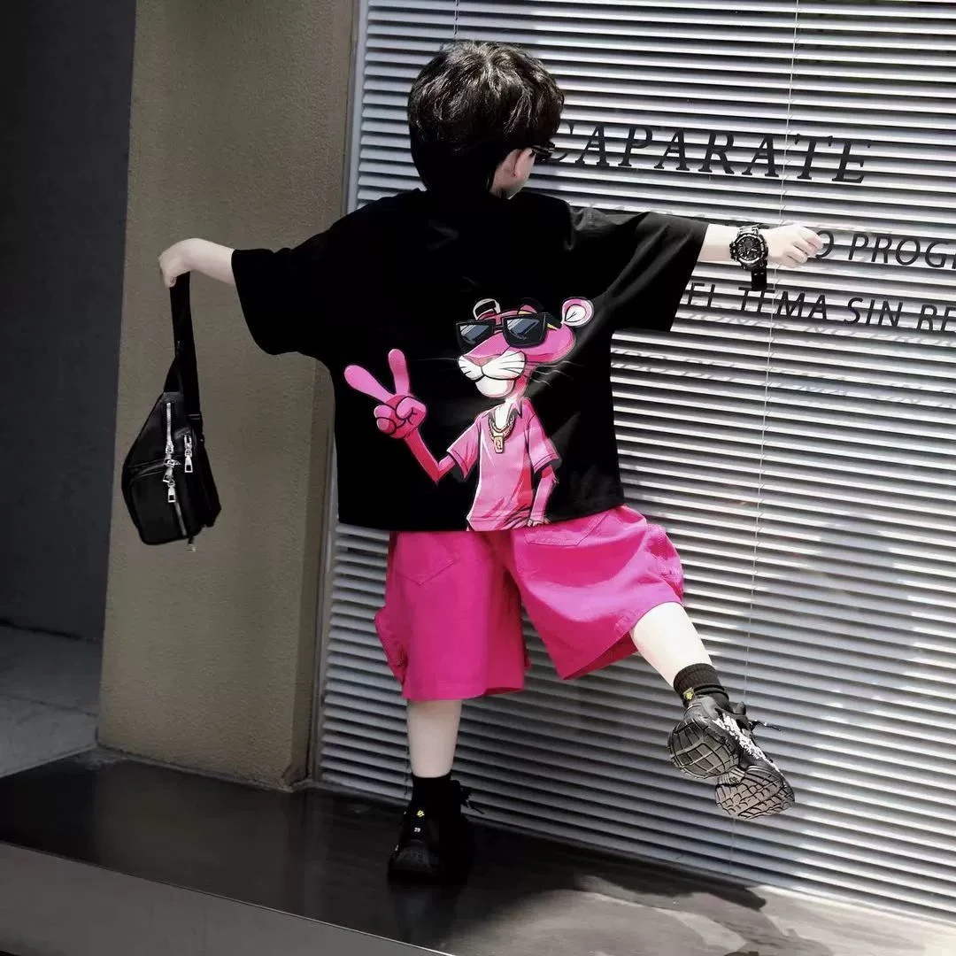 男童短袖T恤夏款2025夏季新款儿童潮酷粉红豹圆领纯棉半袖t套装潮