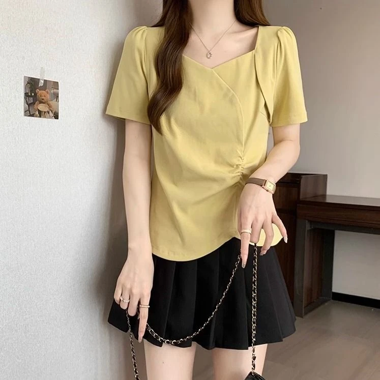 棉大码女2025夏新甜美短袖T恤胖mm气质显瘦设计感遮肉不规则上衣