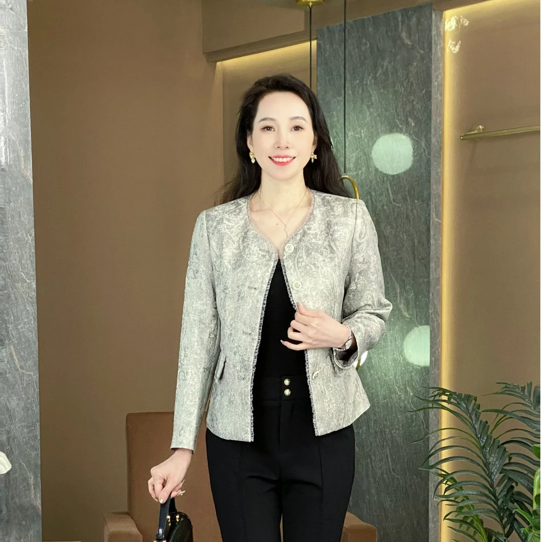 春夏提花小香风外套修身显瘦时尚气质百搭上衣减龄妈妈装短款外套