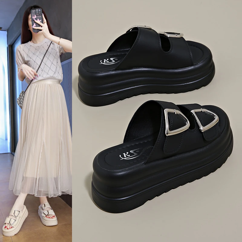 增高露趾高跟一字拖潮2025夏季新款时尚百搭厚底休闲沙滩凉拖鞋女