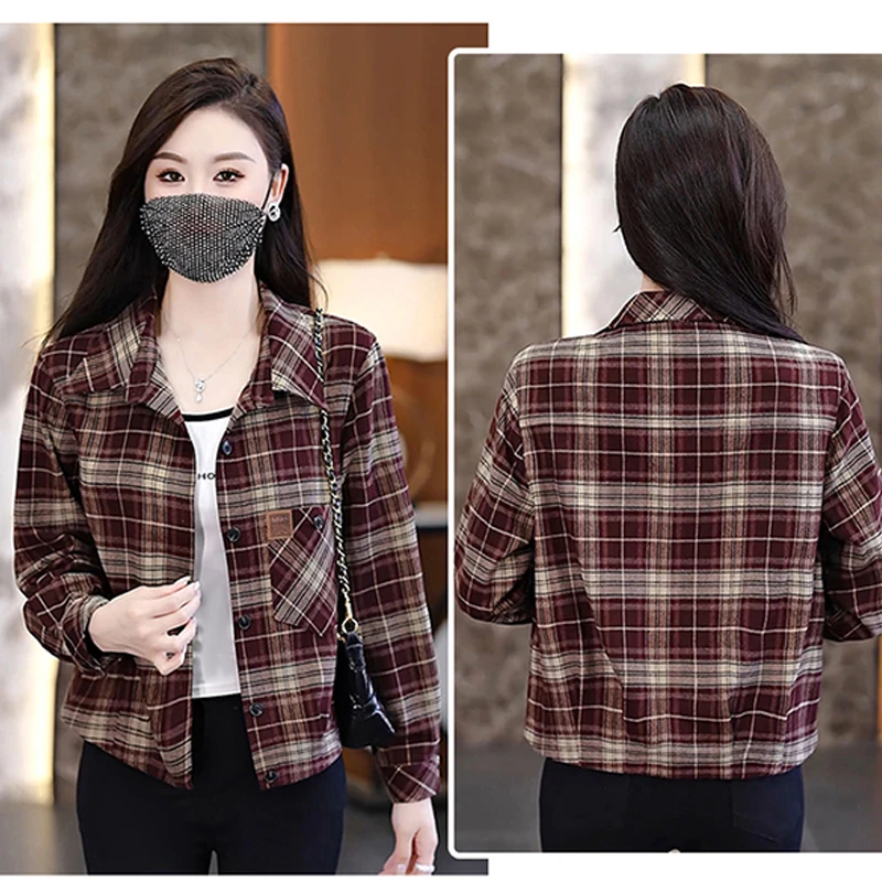 时尚休闲格子衬衫外套女春秋新款宽松显瘦洋气短款开衫小个子上衣