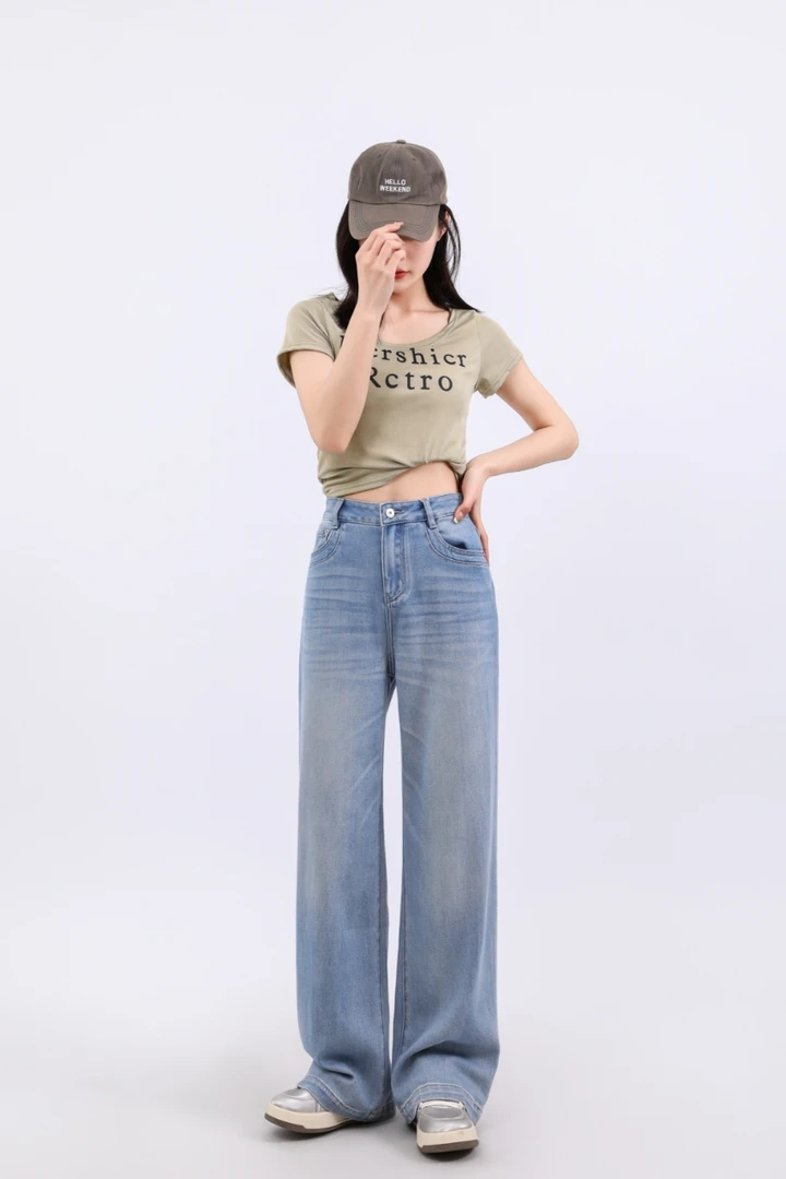 天丝阔腿牛仔裤女夏季薄款2025新款垂感莱赛尔浅色窄版冰丝直筒裤
