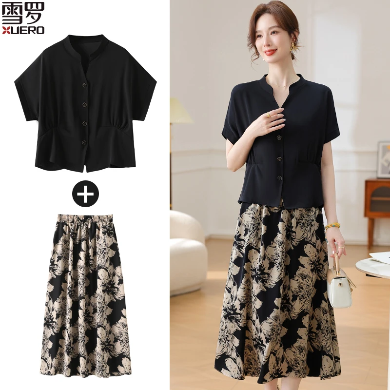 妈妈夏装短袖衬衫贵夫人气质上衣碎花半身裙中老年女夏季套装洋气