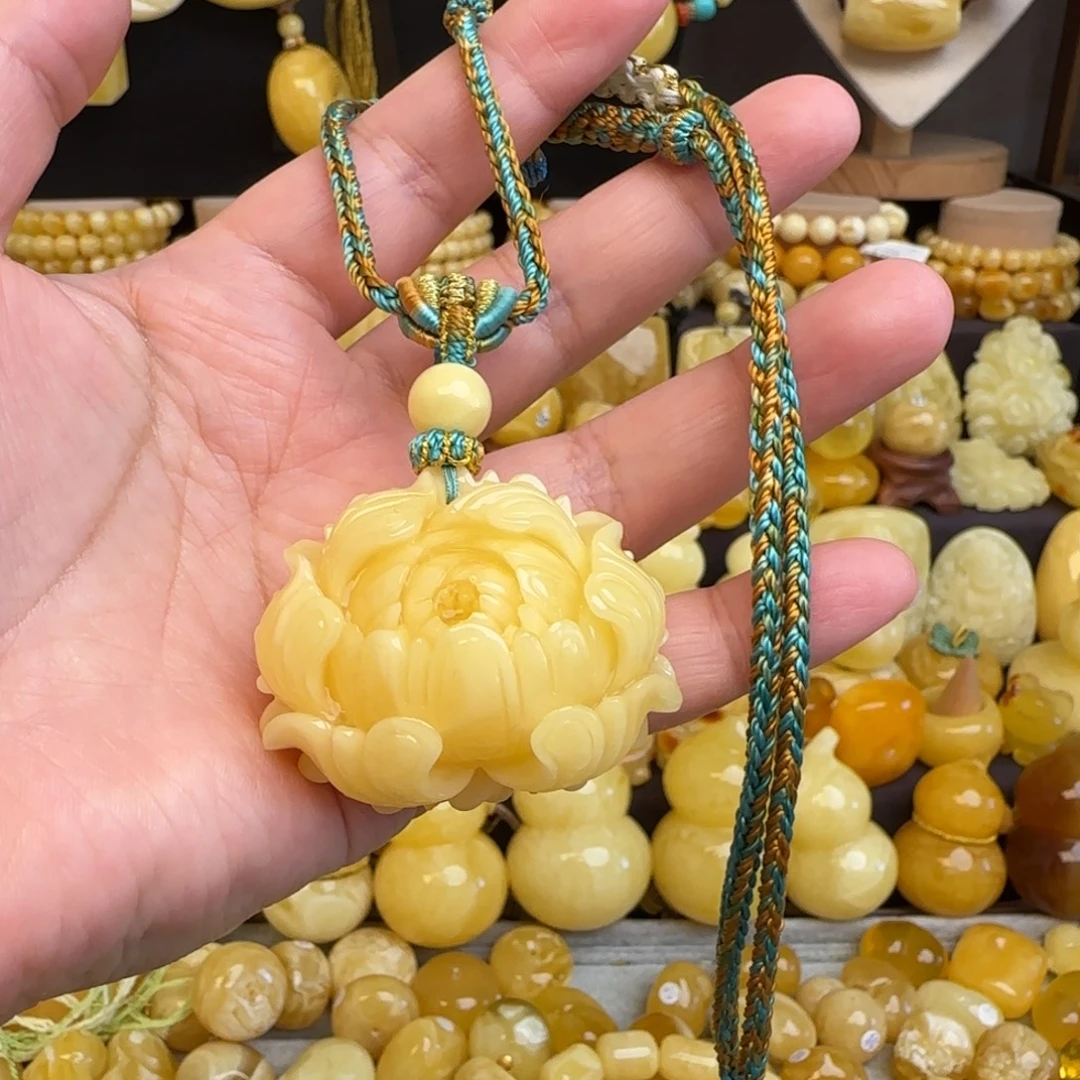 ****6琥珀未镶嵌套链蜜蜡牡丹花吊坠