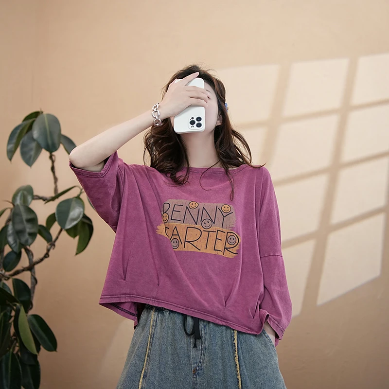 沐光·印花老钱风脸谱短袖做旧短款T恤打底衫文艺韩版宽松半袖8040