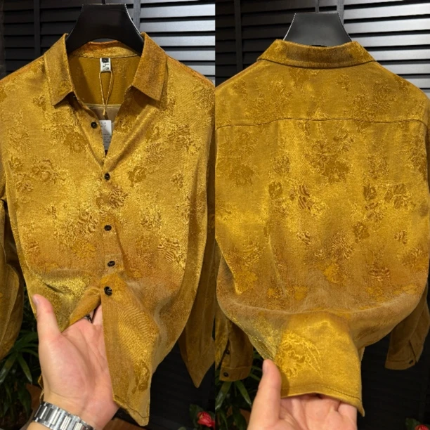 88157提花工艺铜氨丝长袖男士翻领衬衫穿搭青春潮流时尚款