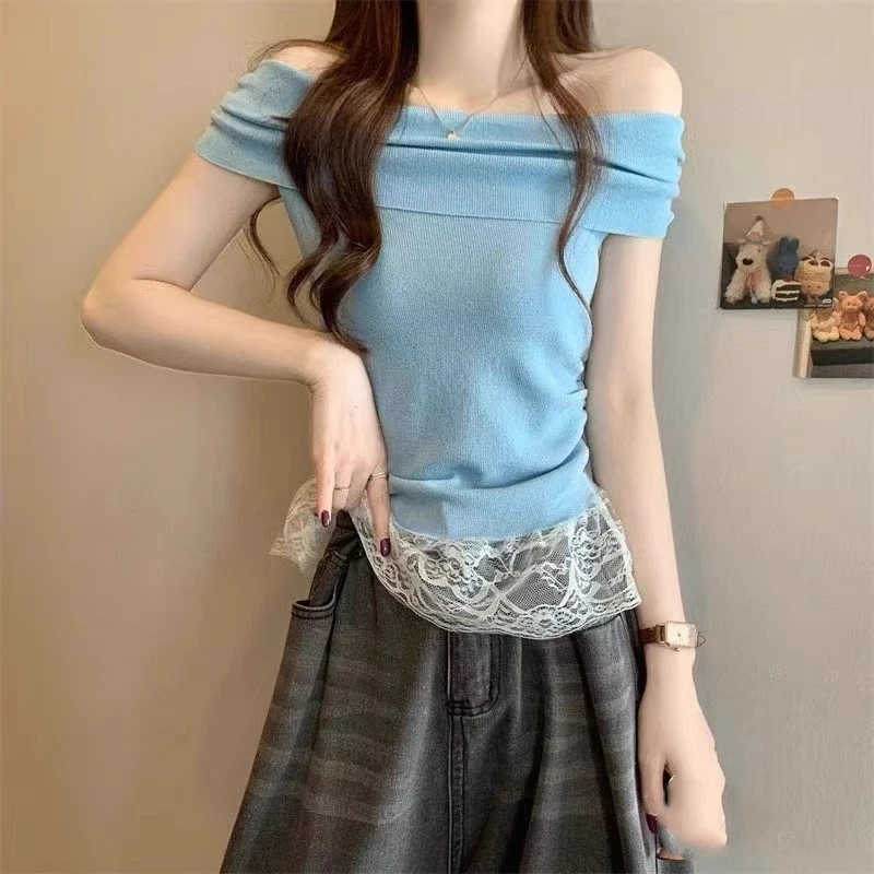 一字肩蕾丝花边短袖针织t恤女夏季冰丝薄款修身内搭拼接显瘦上衣