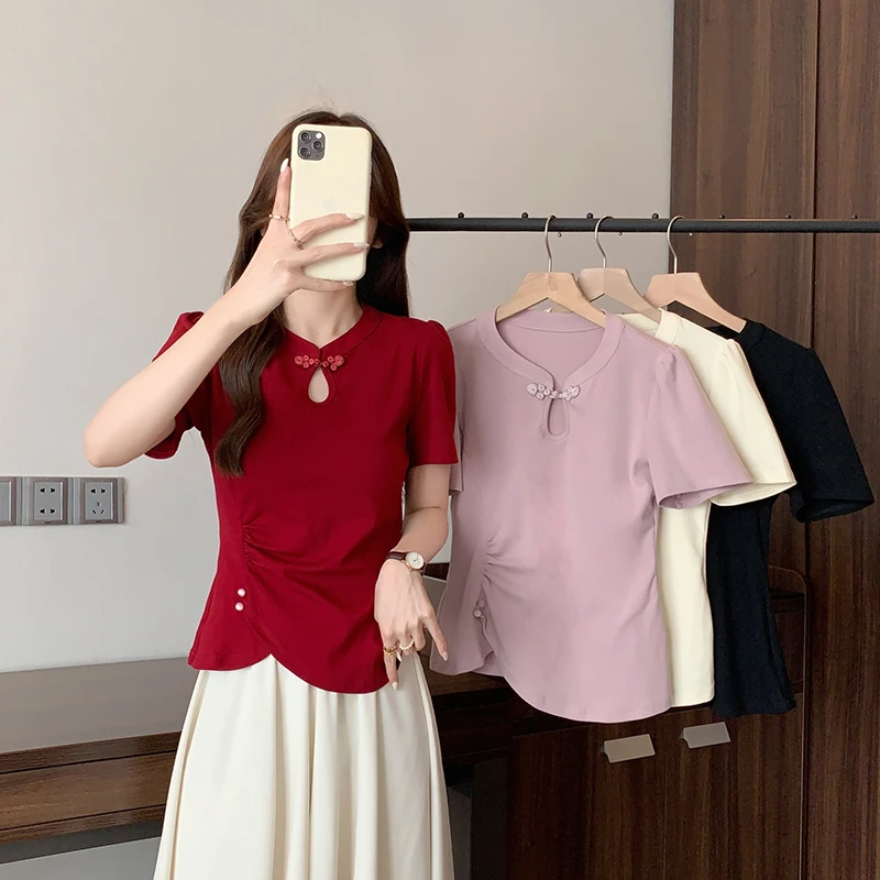 2025夏季新款胖mm大码女设计感新中式盘扣不规则下摆短袖A1878