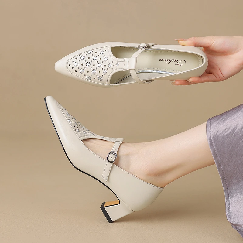 超软羊皮/3.5公分 透气粗跟真皮单鞋女 编织小香风T字带玛丽珍鞋