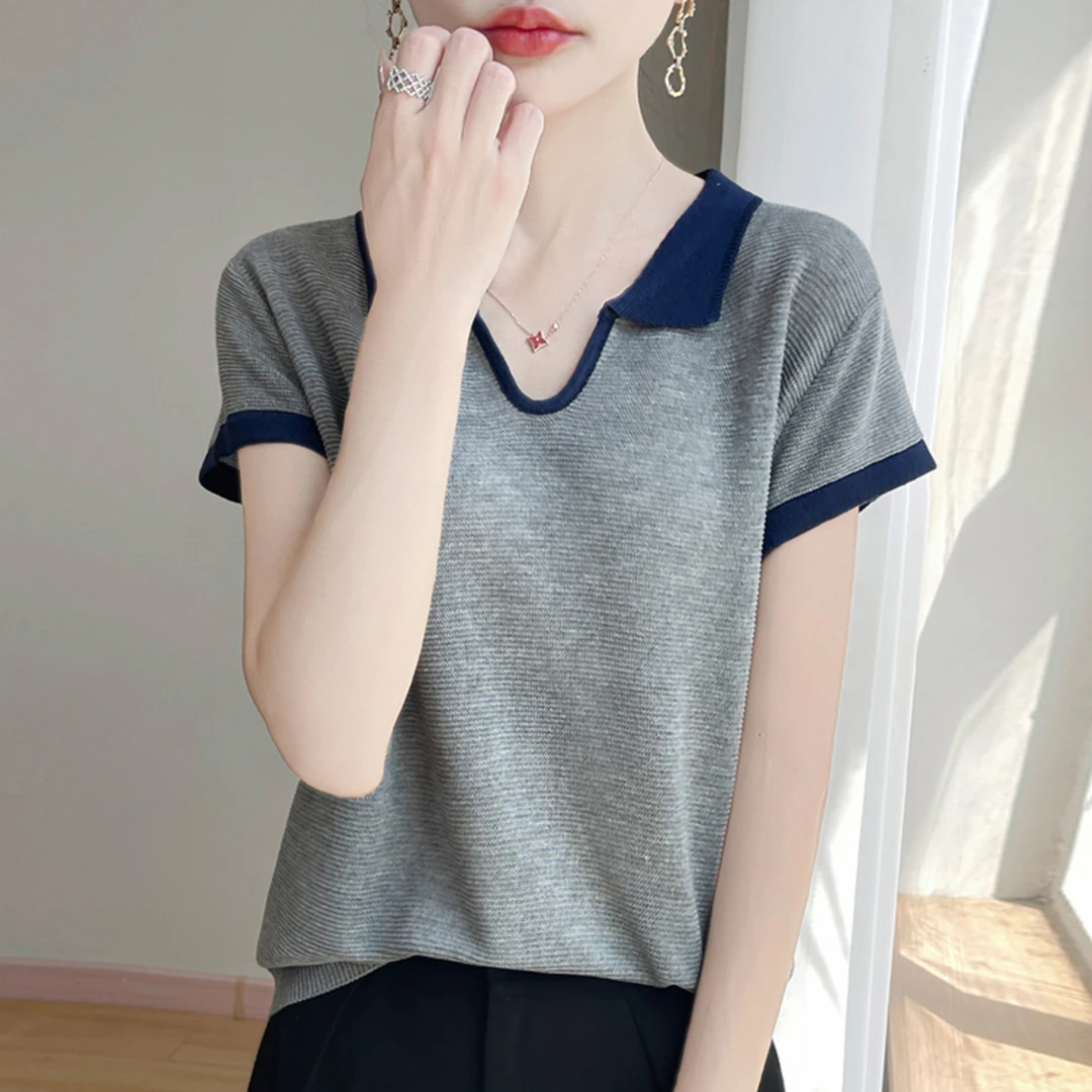 胖mm夏装大码冰丝针织衫女士短袖t恤宽松遮肚子巨显瘦polo领上衣