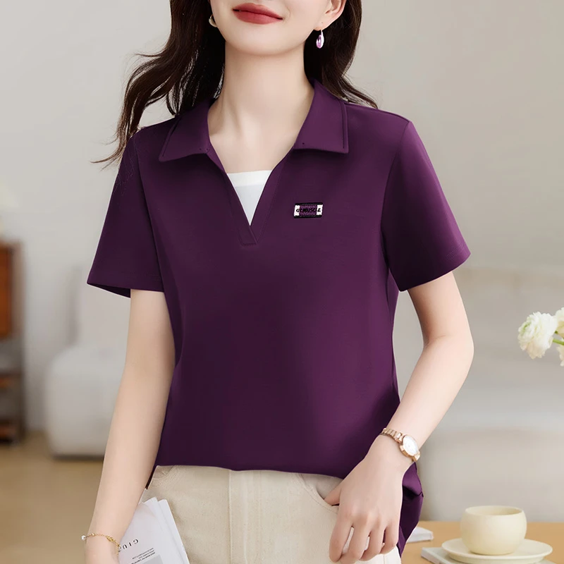 翻领短袖t恤女夏季假两件上衣2025新款女装爆款正肩减龄半袖体恤