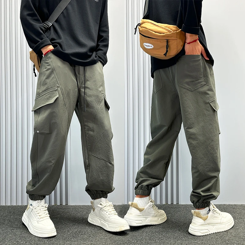 美式多口袋休闲工装裤男高级感痞帅军绿色户外宽松九分哈伦裤子潮