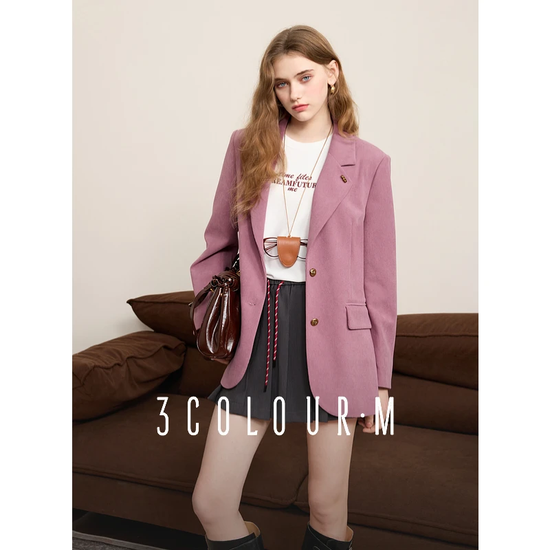 三彩2025春季新款粉色灯芯绒正肩西装外套复古小西服垫肩上衣女M