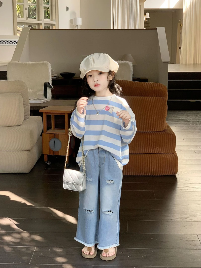 2025春季新款儿童轻薄蓝条纹T恤+破洞牛仔裤套装韩版洋气百搭