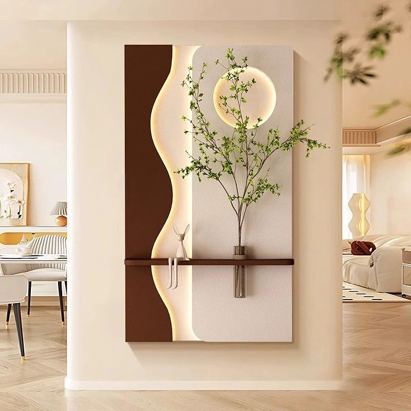 奶油风客厅沙发背景墙装饰画水培绿植大白墙高档挂画砂岩立体壁画