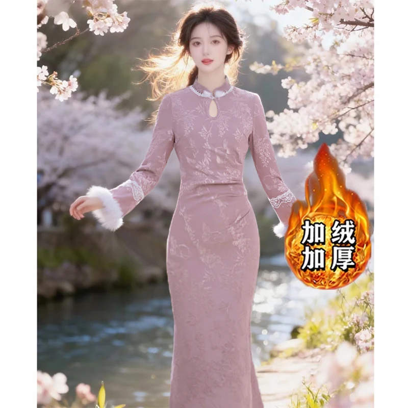 【加绒加厚】秋冬文艺显瘦新中式日常旗袍气质连衣裙D4364