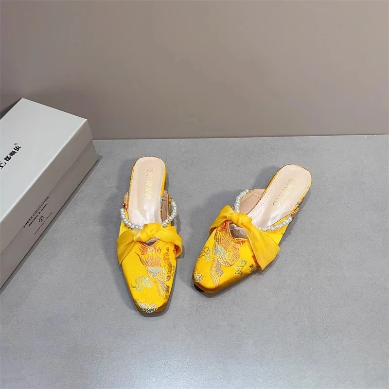 ZaSaFran粗跟中跟半拖穆勒鞋女鞋2025时尚新中式珍珠包头半拖凉鞋